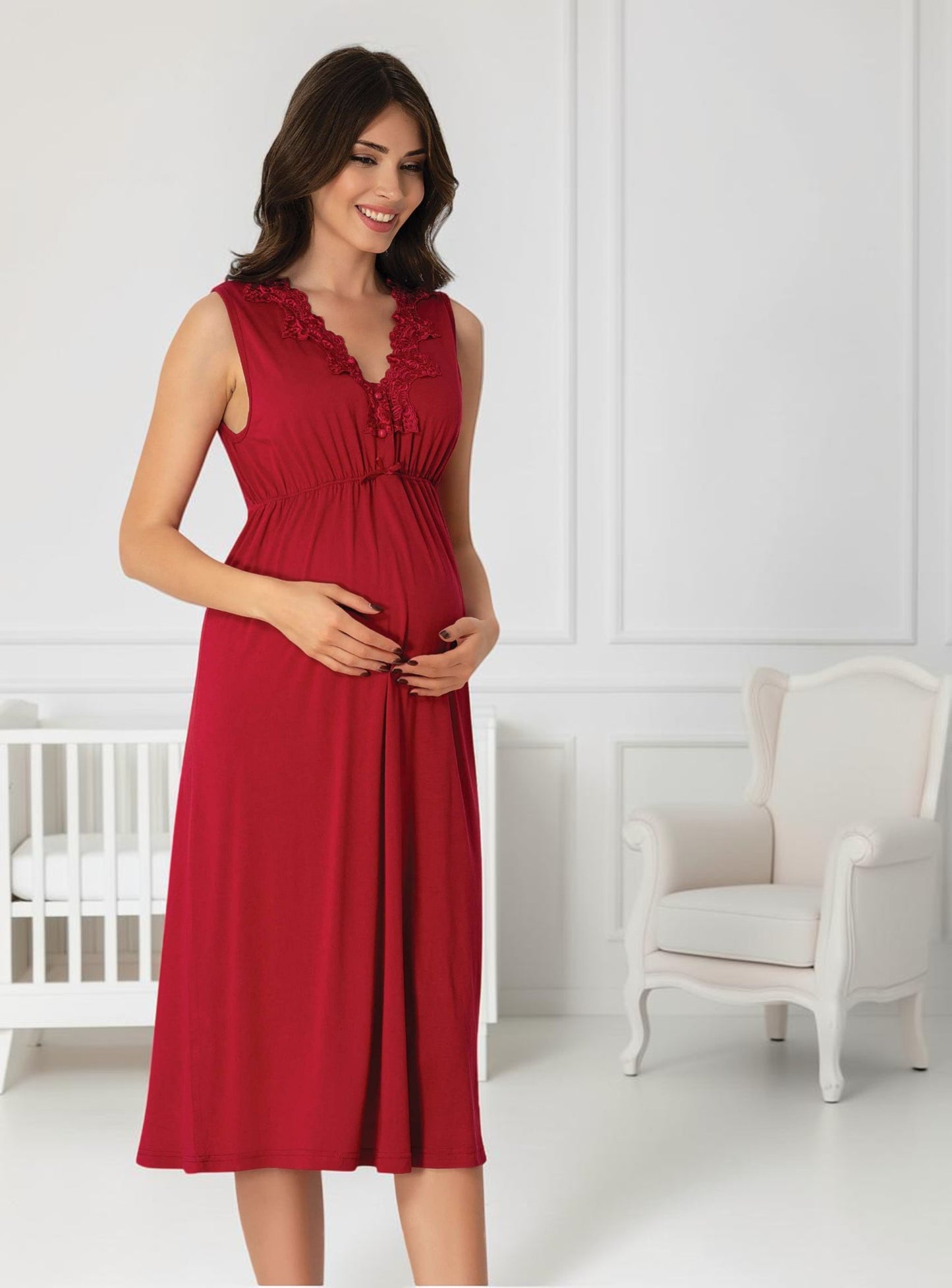 Cherry Red maternity nightie by Mini Plum, sleeveless lace nightie – nursing & breastfeeding nightwear, postpartum, hospital bag ready