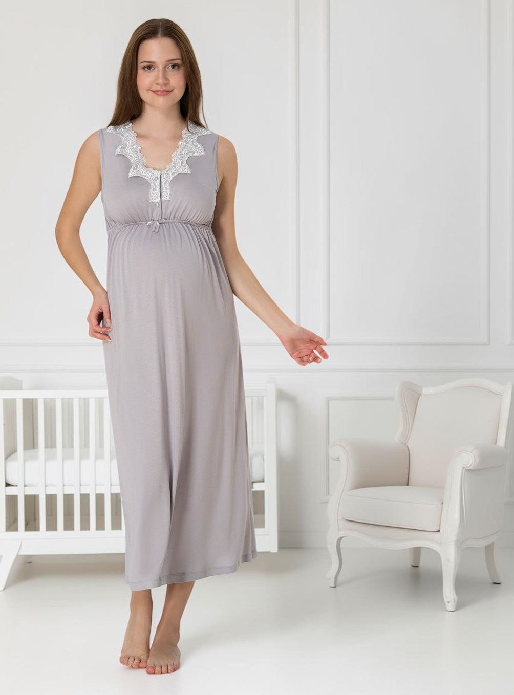 Grey maternity nightie by Mini Plum, sleeveless lace nightie – nursing & breastfeeding nightwear, postpartum, hospital bag ready