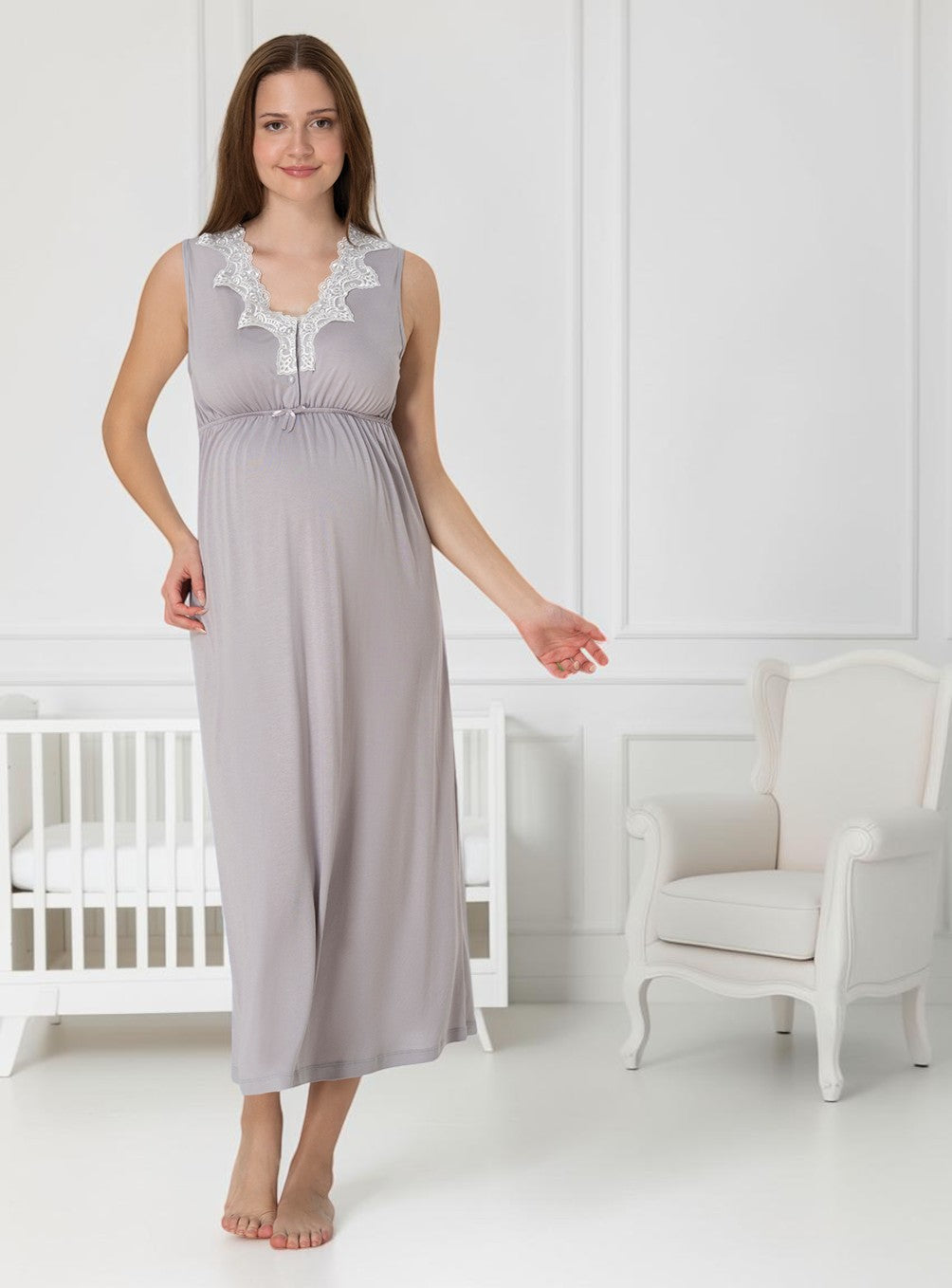 Grey maternity nightie by Mini Plum, sleeveless lace nightie – nursing & breastfeeding nightwear, postpartum, hospital bag ready