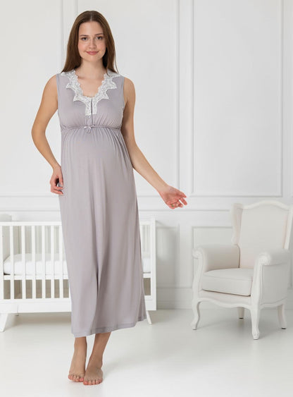 Grey maternity nightie by Mini Plum, sleeveless lace nightie – nursing & breastfeeding nightwear, postpartum, hospital bag ready