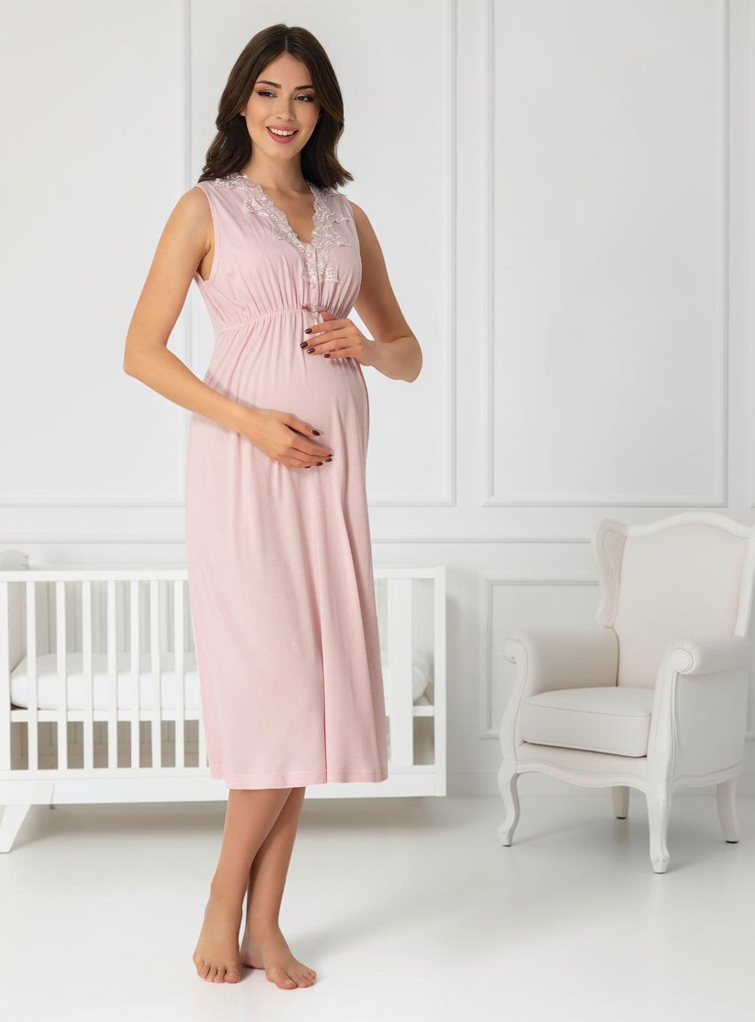 Light Pink maternity nightie by Mini Plum, sleeveless lace nightie – nursing & breastfeeding nightwear, postpartum, hospital bag ready