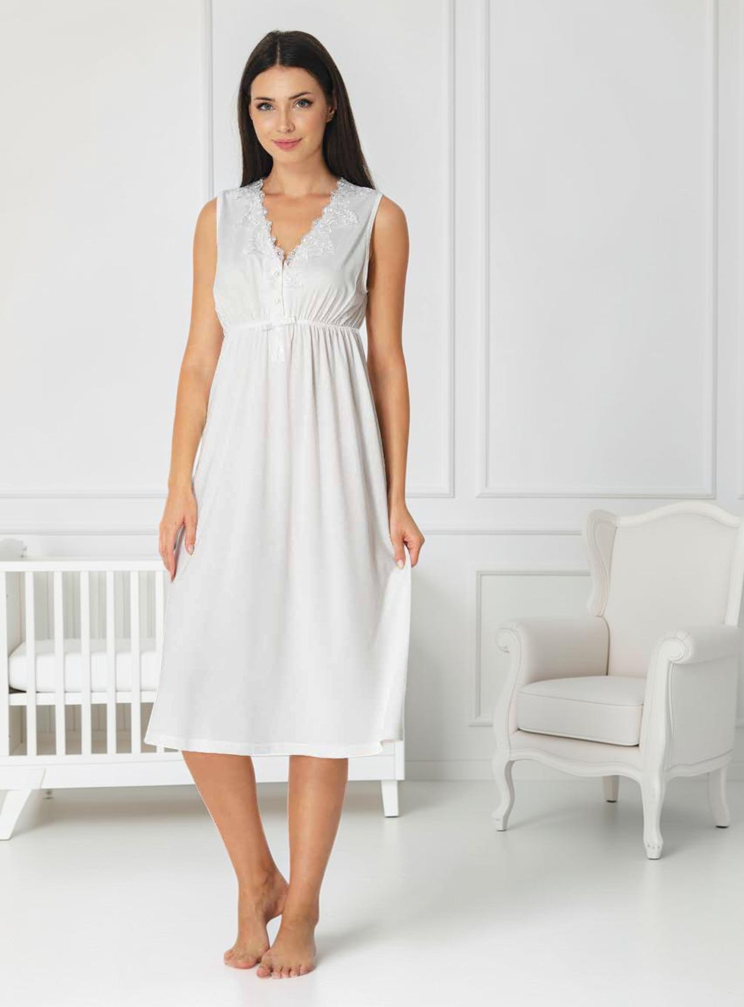 White maternity nightie by Mini Plum, sleeveless lace nightie – nursing & breastfeeding nightwear, postpartum, hospital bag ready