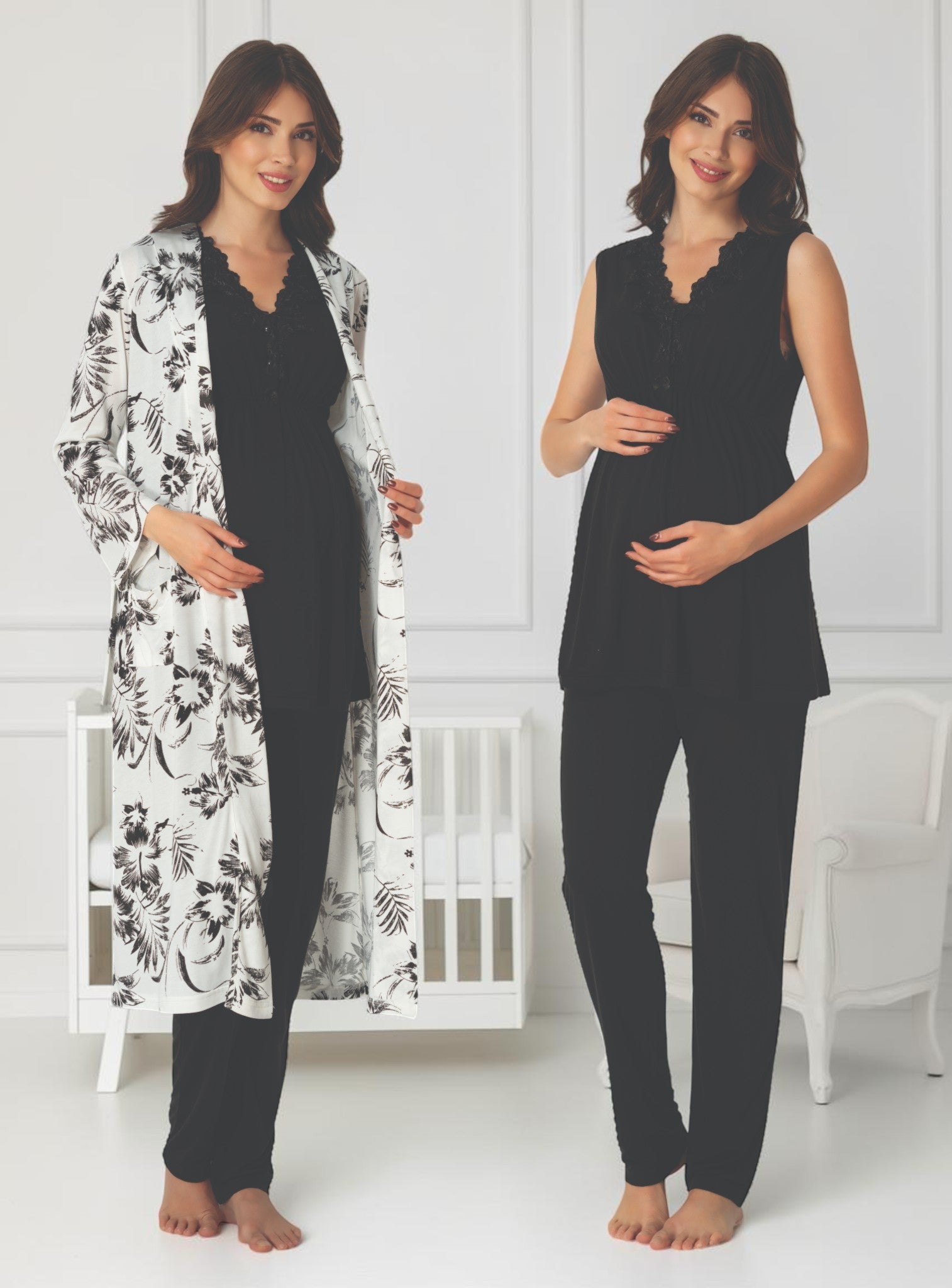 Black maternity pyjama & robe set by Mini Plum – nursing maternity nightwear, breastfeeding button-down, hospital bag & baby shower gift
