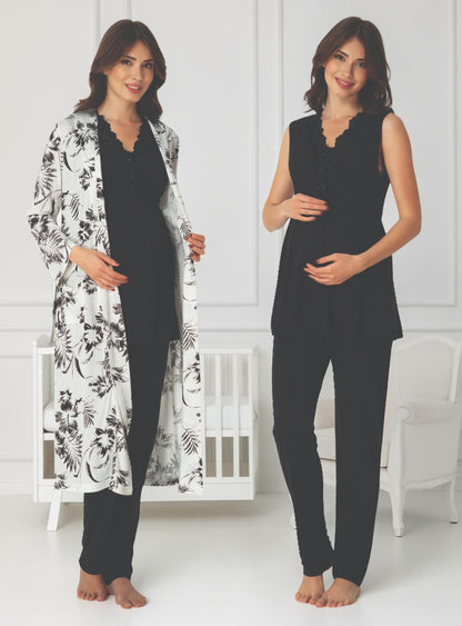 Black maternity pyjama & robe set by Mini Plum, sleeveless top floral robe – nursing & breastfeeding nightwear, postpartum, hospital bag ready