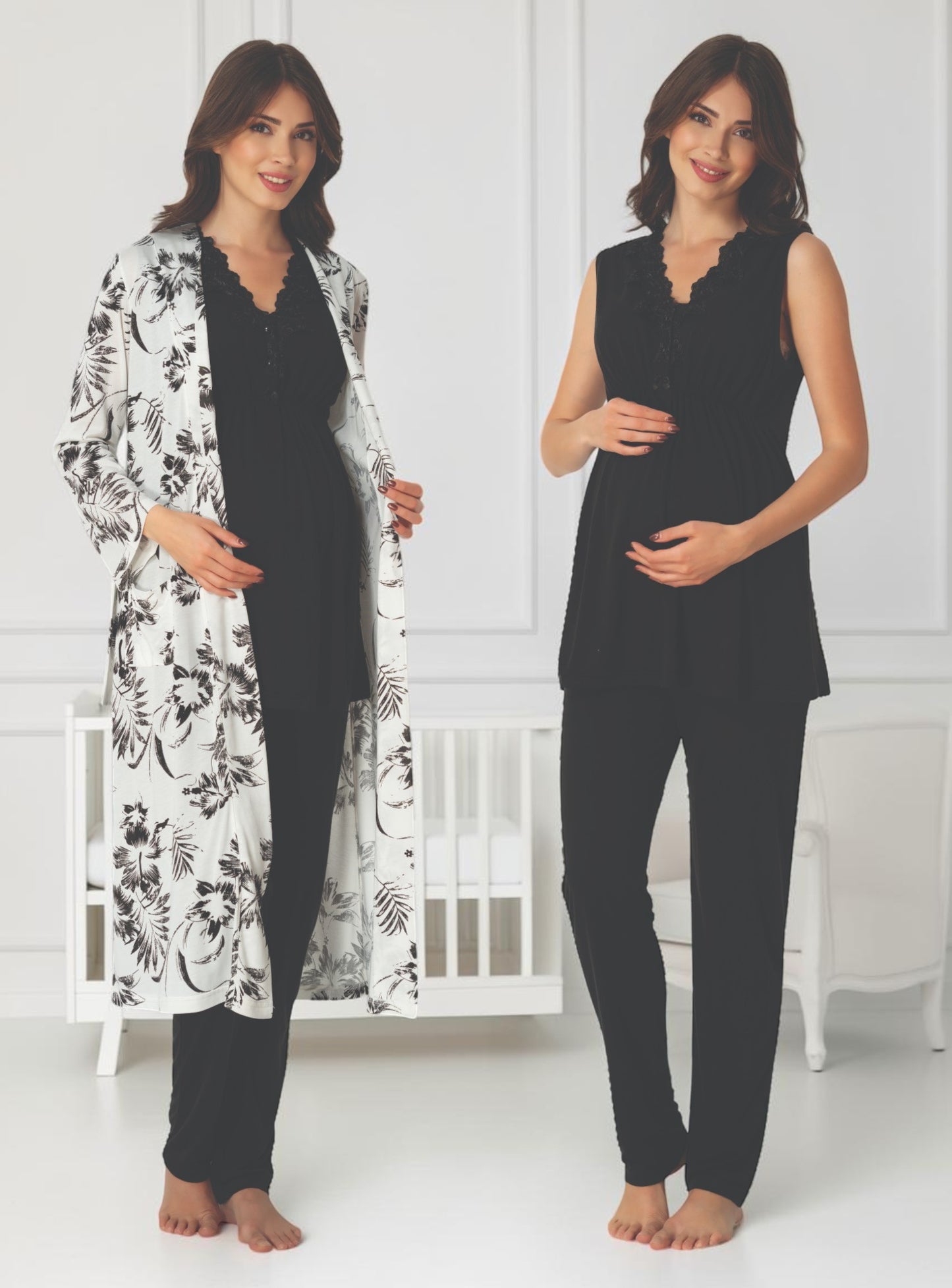 Black maternity pyjama & robe set by Mini Plum, sleeveless top floral robe – nursing & breastfeeding nightwear, postpartum, hospital bag ready