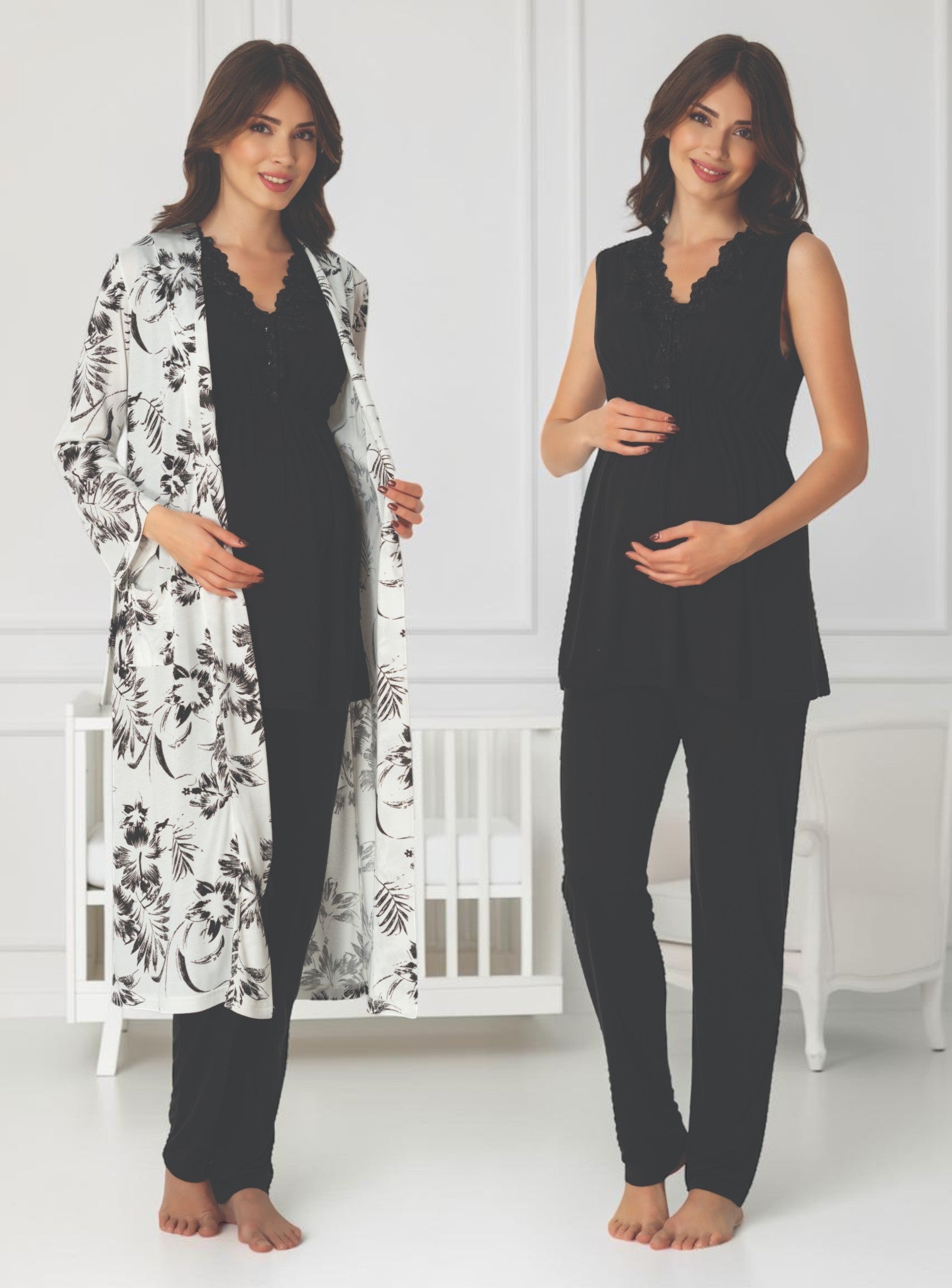 Black maternity pyjama & robe set by Mini Plum, sleeveless top floral robe – nursing & breastfeeding nightwear, postpartum, hospital bag ready