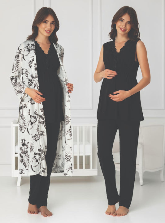 Black maternity pyjama & robe set by Mini Plum, sleeveless top floral robe – nursing & breastfeeding nightwear, postpartum, hospital bag ready