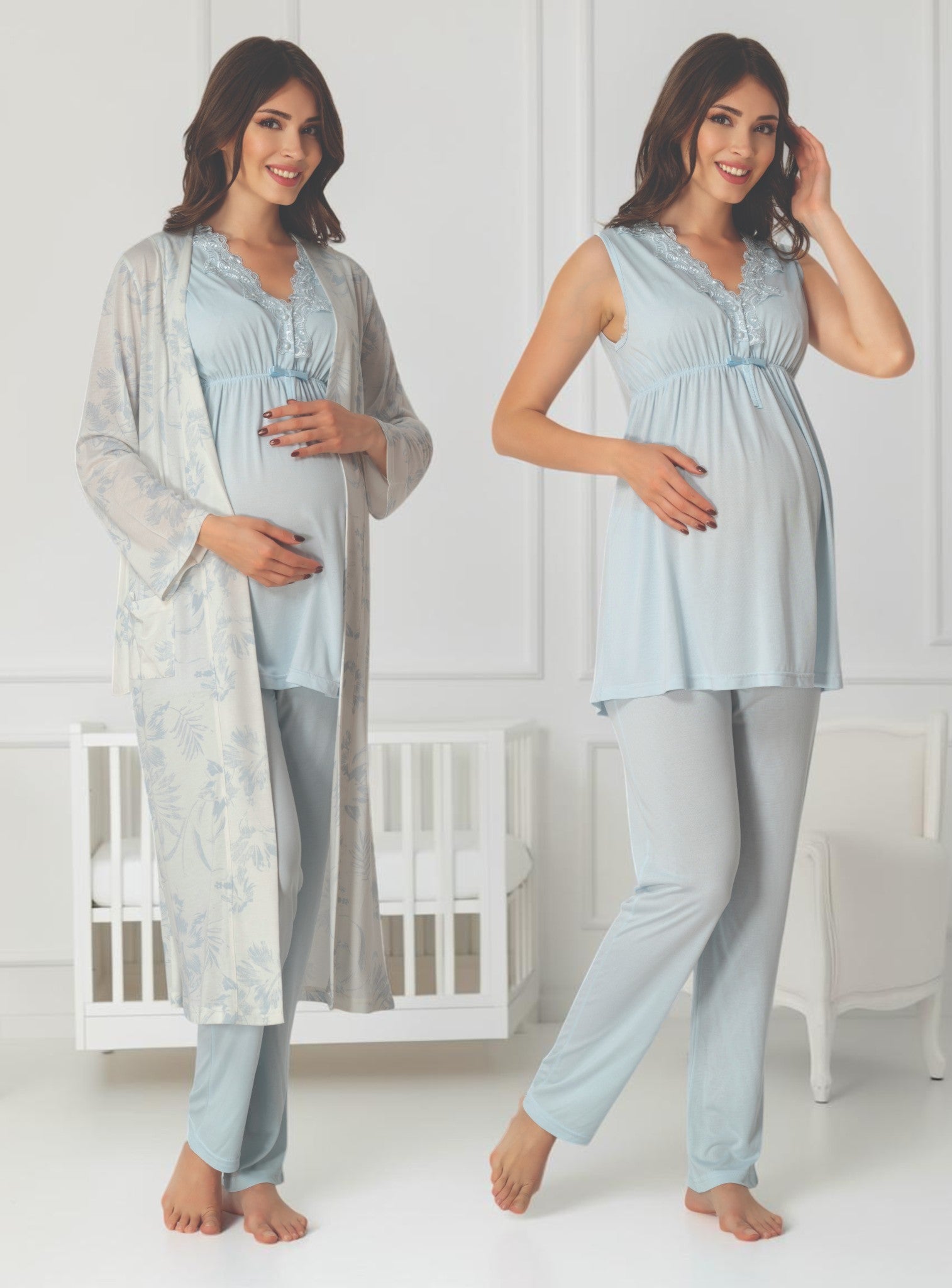 Blue maternity pyjama & robe set by Mini Plum – nursing maternity nightwear, breastfeeding button-down, hospital bag & baby shower gift