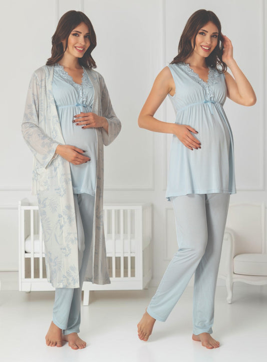 Blue maternity pyjama & robe set by Mini Plum, sleeveless top floral robe – nursing & breastfeeding nightwear, postpartum, hospital bag ready