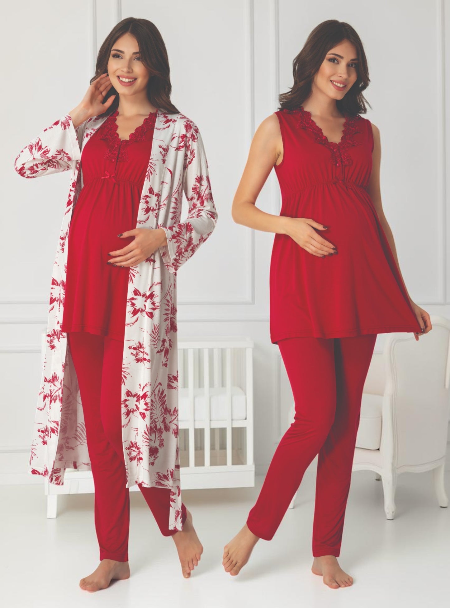 Cherry Red maternity pyjama & robe set by Mini Plum – nursing maternity nightwear, breastfeeding button-down, hospital bag & baby shower gift