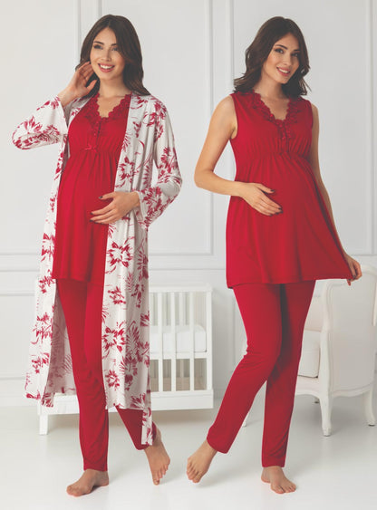 Cherry Red maternity pyjama & robe set by Mini Plum, sleeveless top floral robe – nursing & breastfeeding nightwear, postpartum, hospital bag ready