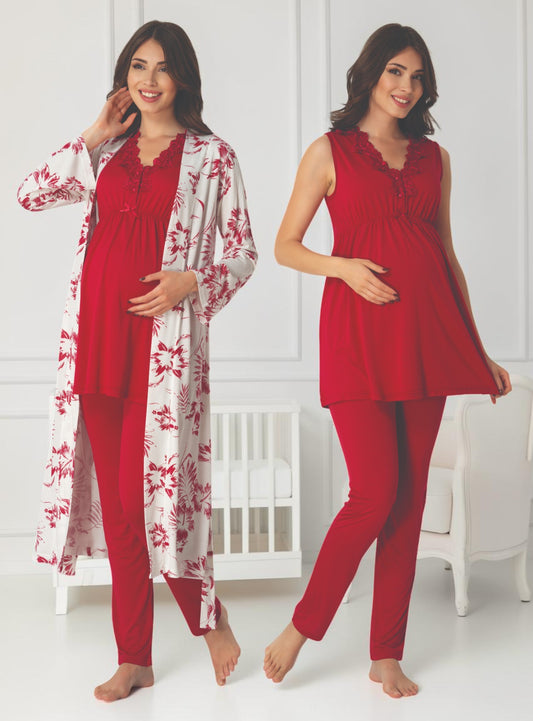 Cherry Red maternity pyjama & robe set by Mini Plum, sleeveless top floral robe – nursing & breastfeeding nightwear, postpartum, hospital bag ready
