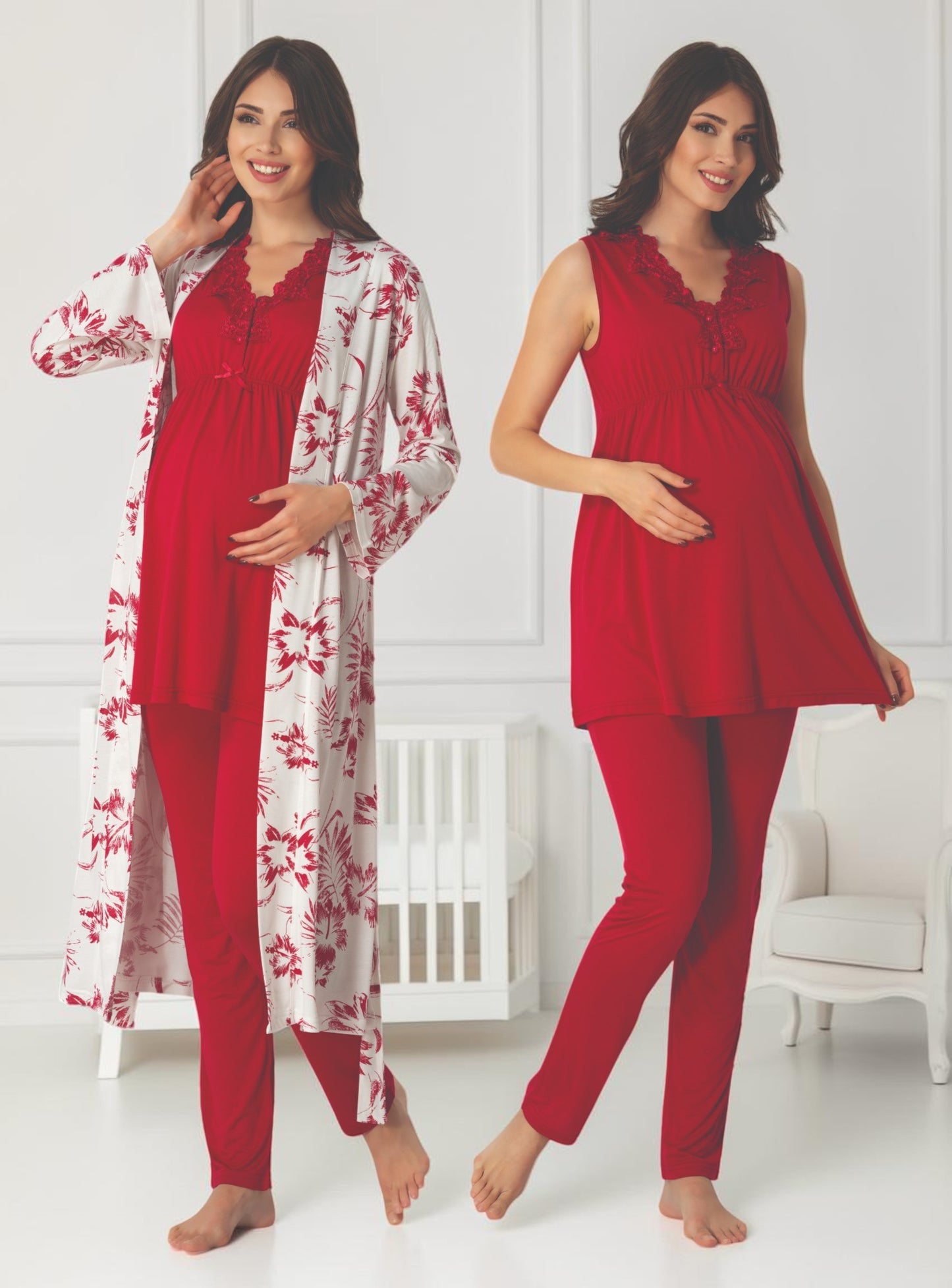 Cherry Red maternity pyjama & robe set by Mini Plum, sleeveless top floral robe – nursing & breastfeeding nightwear, postpartum, hospital bag ready