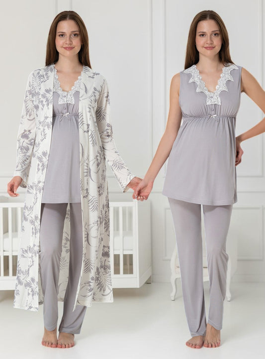 Grey maternity pyjama & robe set by Mini Plum, sleeveless top floral robe – nursing & breastfeeding nightwear, postpartum, hospital bag ready