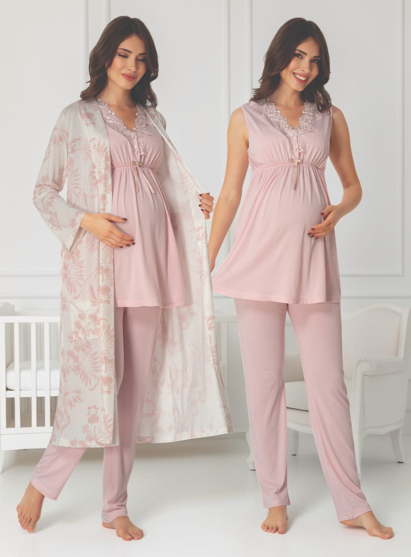 Light Pink maternity pyjama & robe set by Mini Plum – nursing maternity nightwear, breastfeeding button-down, hospital bag & baby shower gift