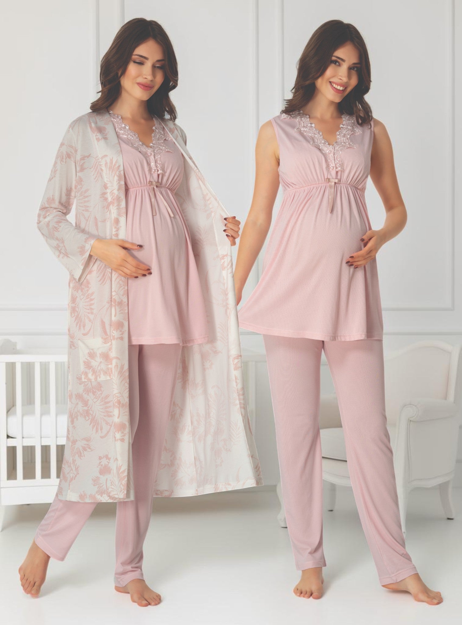 Light Pink maternity pyjama & robe set by Mini Plum – nursing maternity nightwear, breastfeeding button-down, hospital bag & baby shower gift