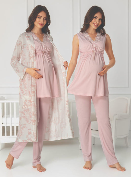 Light Pink maternity pyjama & robe set by Mini Plum, sleeveless top floral robe – nursing & breastfeeding nightwear, postpartum, hospital bag ready