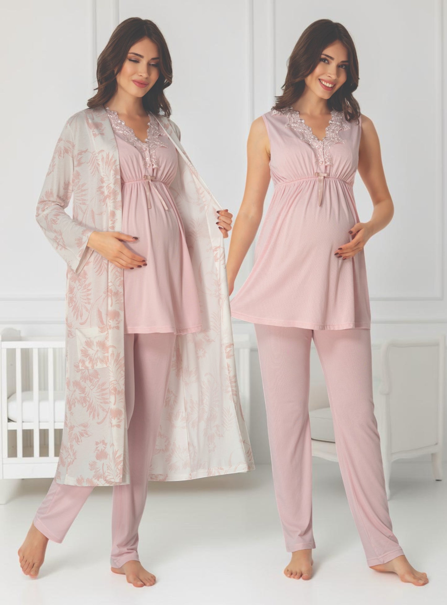 Light Pink maternity pyjama & robe set by Mini Plum, sleeveless top floral robe – nursing & breastfeeding nightwear, postpartum, hospital bag ready