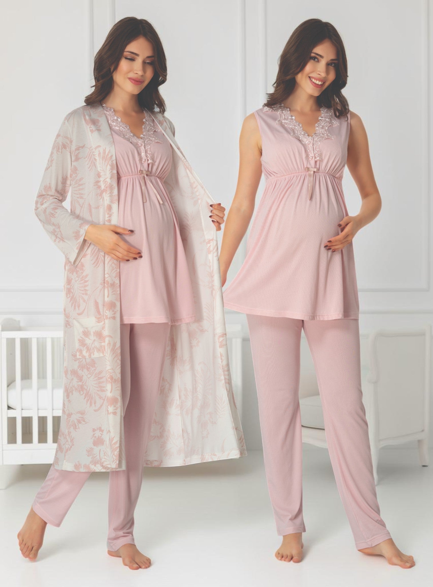 Light Pink maternity pyjama & robe set by Mini Plum, sleeveless top floral robe – nursing & breastfeeding nightwear, postpartum, hospital bag ready