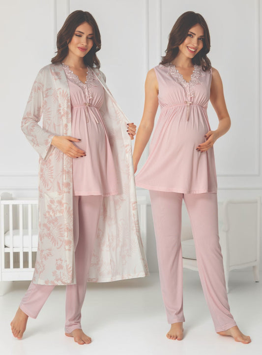 Light Pink maternity pyjama & robe set by Mini Plum, sleeveless top floral robe – nursing & breastfeeding nightwear, postpartum, hospital bag ready