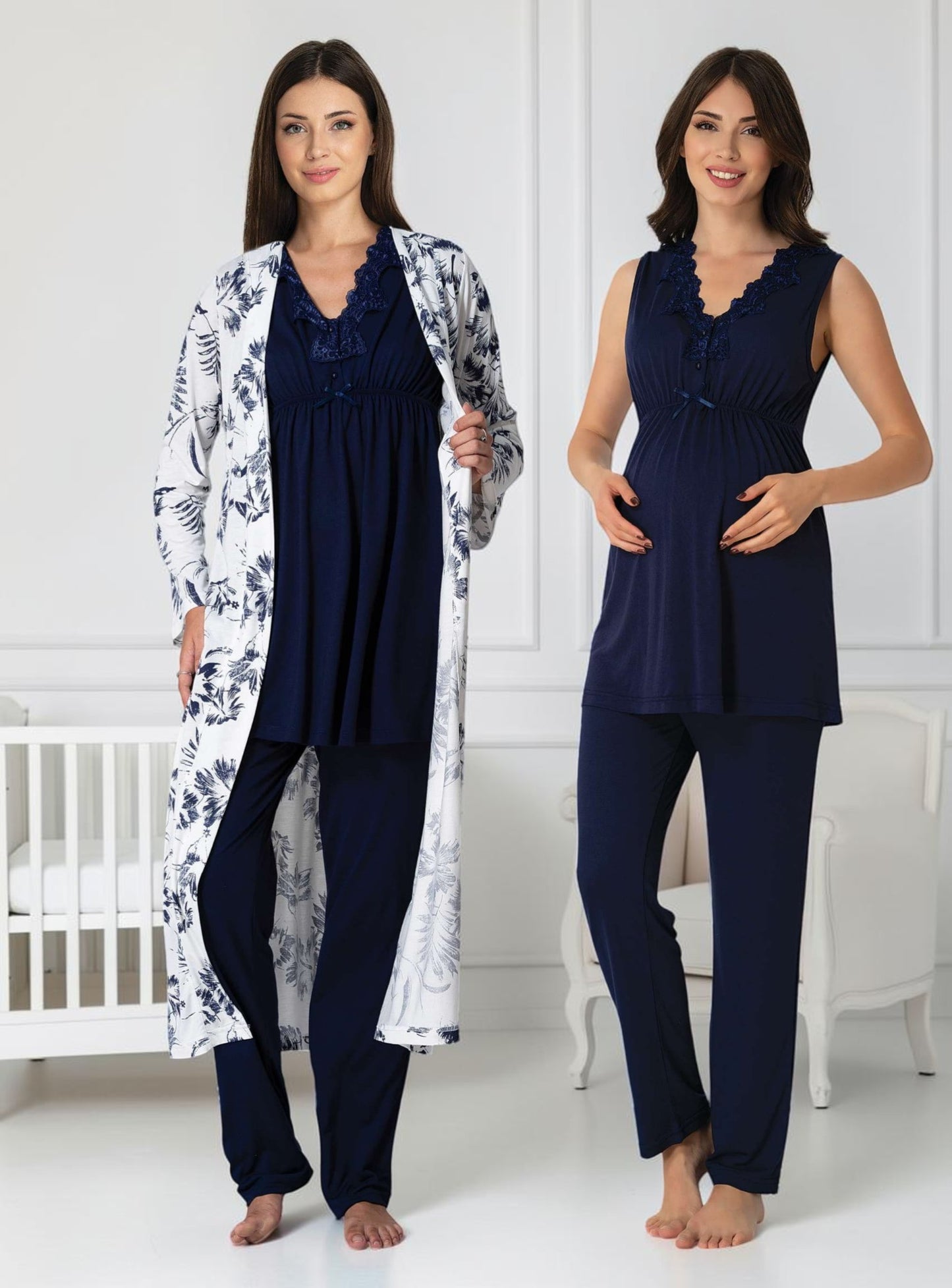 Navy maternity pyjama & robe set by Mini Plum – nursing maternity nightwear, breastfeeding button-down, hospital bag & baby shower gift