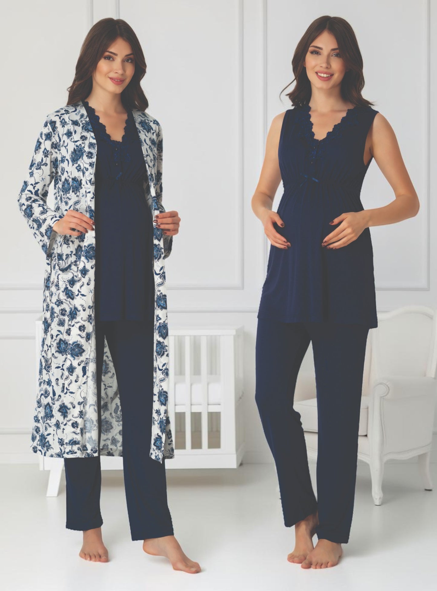 Navy maternity pyjama & robe set by Mini Plum – nursing maternity nightwear, breastfeeding button-down, hospital bag & baby shower gift
