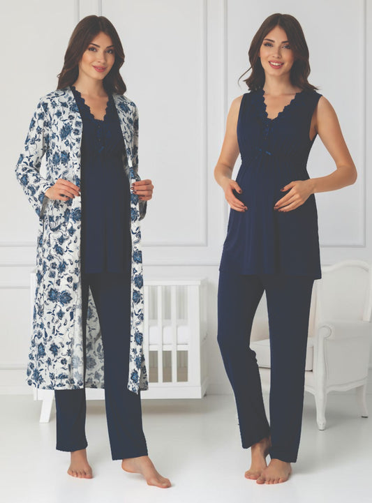 Navy maternity pyjama & robe set by Mini Plum, sleeveless top floral robe – nursing & breastfeeding nightwear, postpartum, hospital bag ready