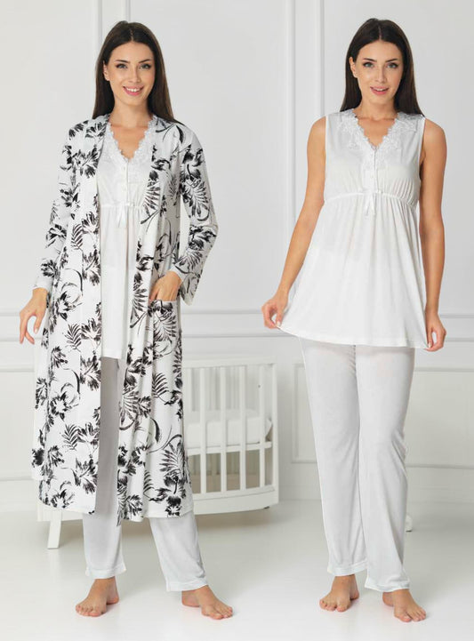 White maternity pyjama & robe set by Mini Plum, sleeveless top floral robe – nursing & breastfeeding nightwear, postpartum, hospital bag ready