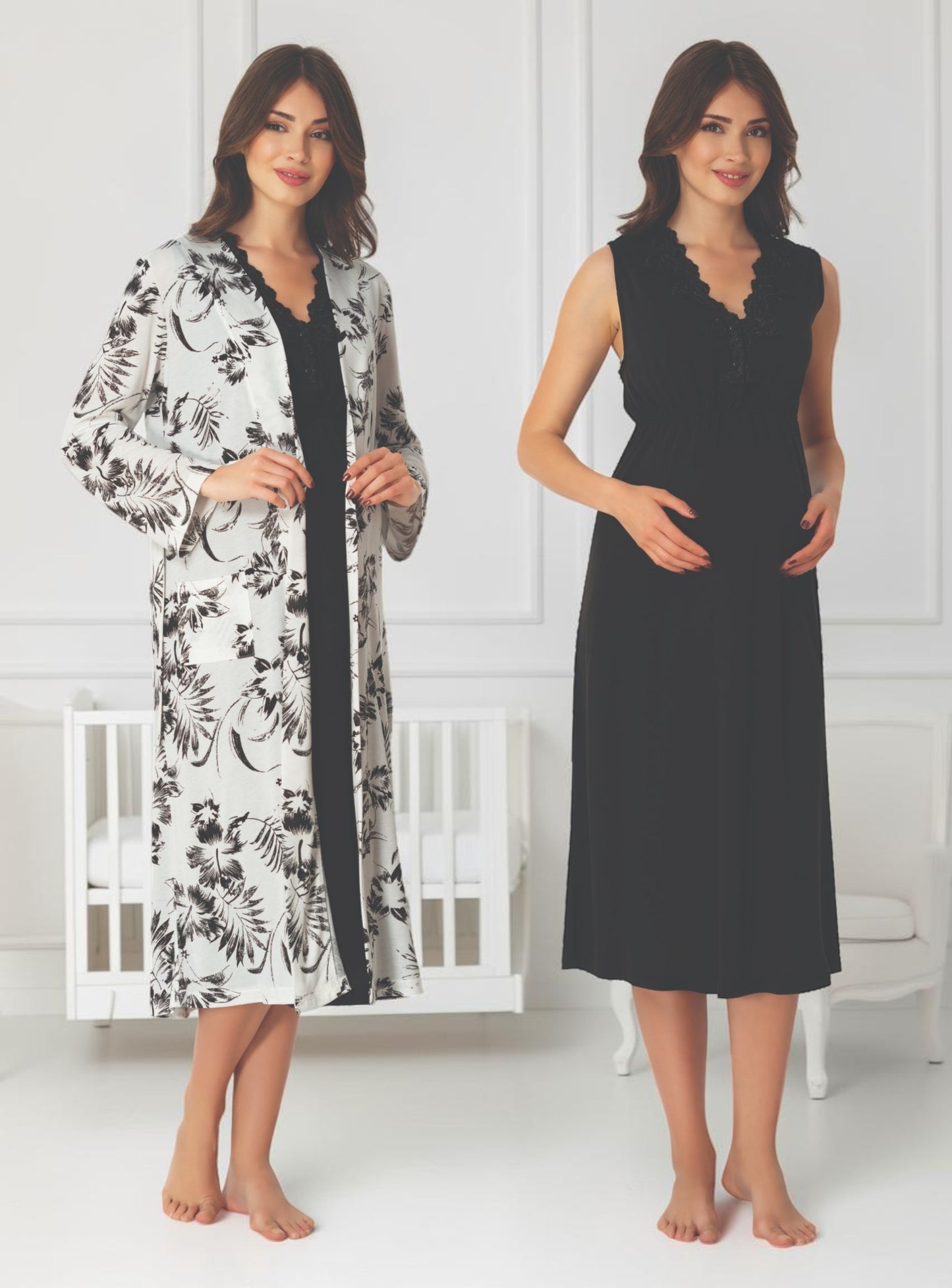 Black maternity nightie and robe set by Mini Plum – nursing maternity nightwear, breastfeeding button-down, hospital bag & baby shower gift