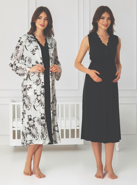 Black maternity nightie and robe set by Mini Plum, floral robe solid nightie – nursing & breastfeeding nightwear, postpartum, hospital bag ready