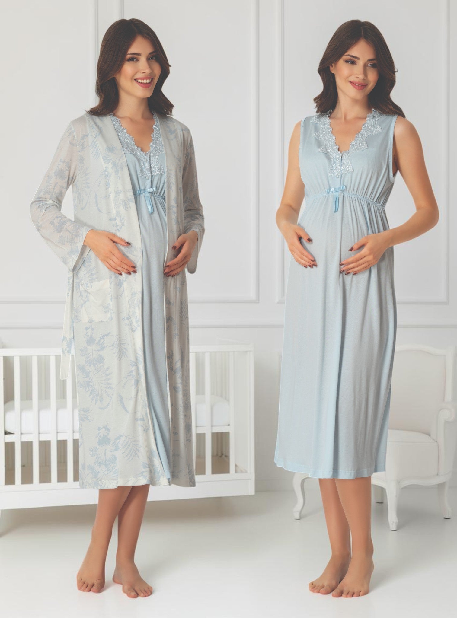 Blue maternity nightie and robe set by Mini Plum – nursing maternity nightwear, breastfeeding button-down, hospital bag & baby shower gift