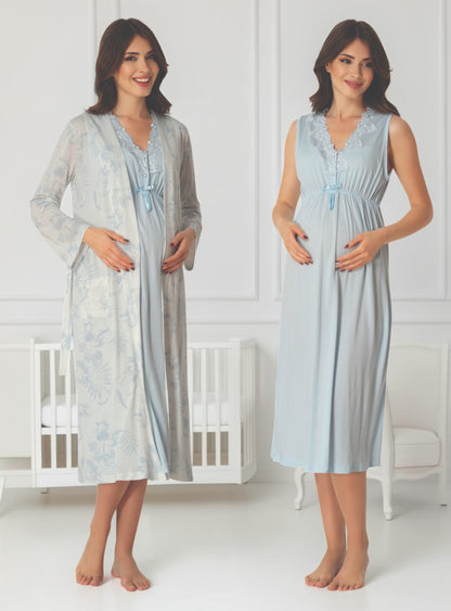 Blue maternity nightie and robe set by Mini Plum, floral robe solid nightie – nursing & breastfeeding nightwear, postpartum, hospital bag ready
