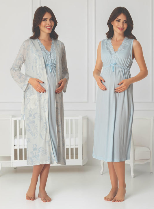 Blue maternity nightie and robe set by Mini Plum, floral robe solid nightie – nursing & breastfeeding nightwear, postpartum, hospital bag ready