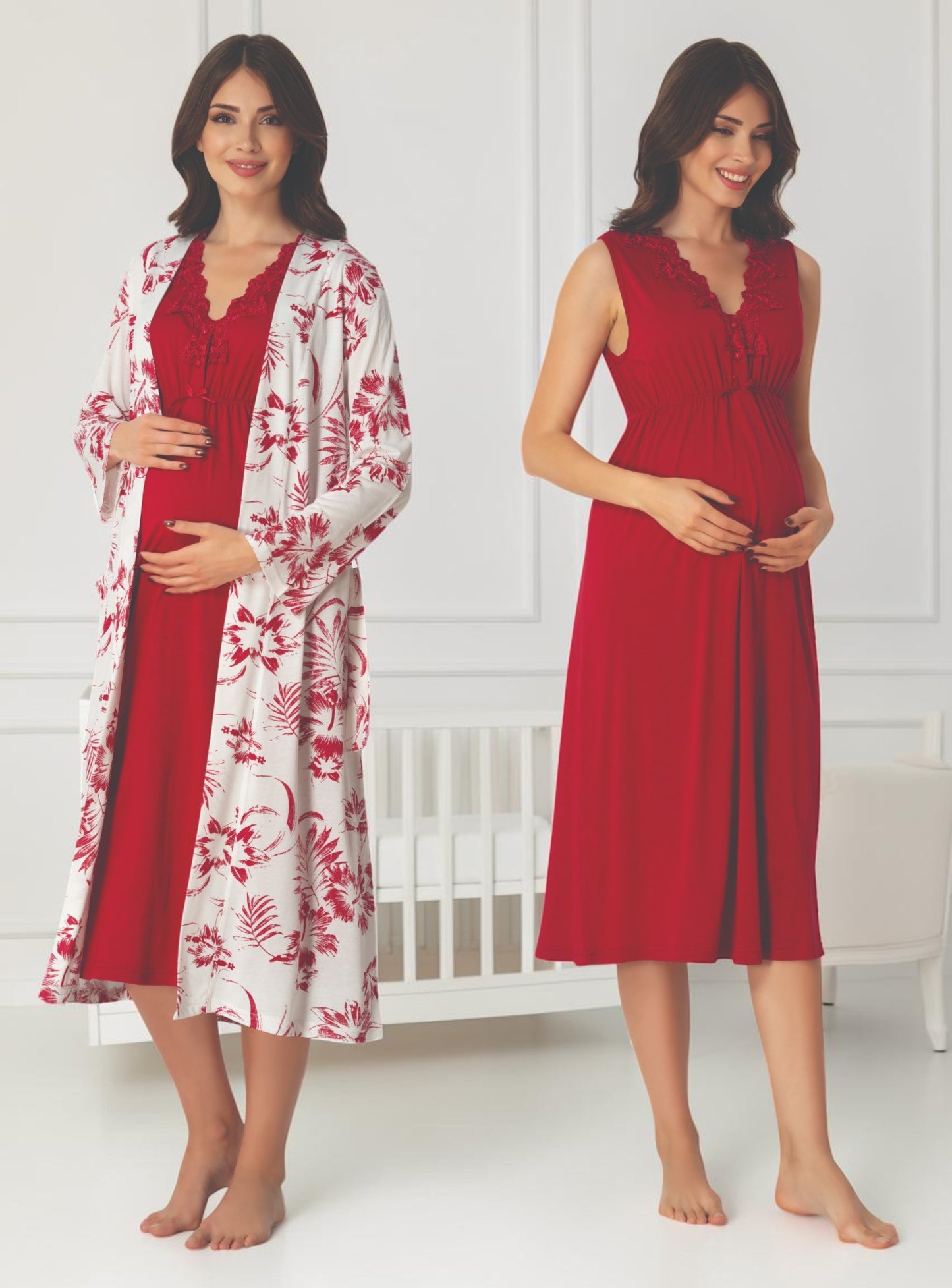 Cherry Red maternity nightie and robe set by Mini Plum – nursing maternity nightwear, breastfeeding button-down, hospital bag & baby shower gift