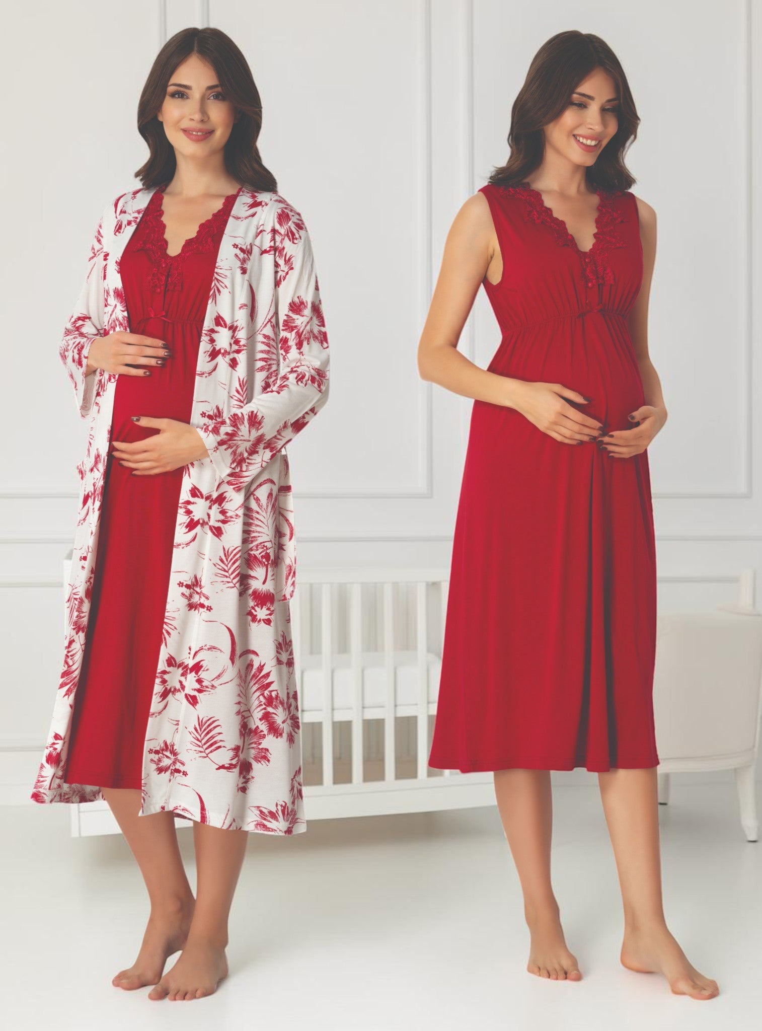 Cherry Red maternity nightie and robe set by Mini Plum – nursing maternity nightwear, breastfeeding button-down, hospital bag & baby shower gift