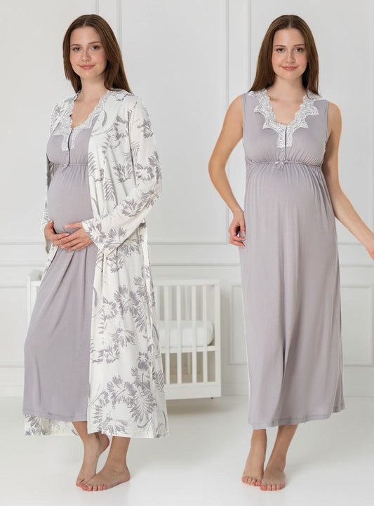 Grey maternity nightie and robe set by Mini Plum, floral robe solid nightie – nursing & breastfeeding nightwear, postpartum, hospital bag ready