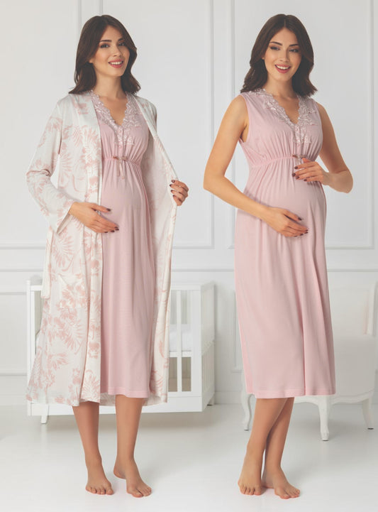 Light Pink maternity nightie and robe set by Mini Plum, floral robe solid nightie – nursing & breastfeeding nightwear, postpartum, hospital bag ready