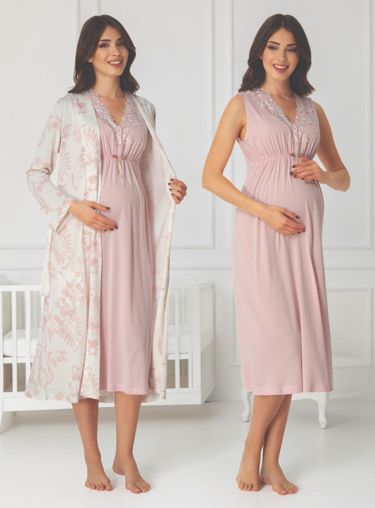 Light Pink maternity nightie and robe set by Mini Plum, floral robe solid nightie – nursing & breastfeeding nightwear, postpartum, hospital bag ready