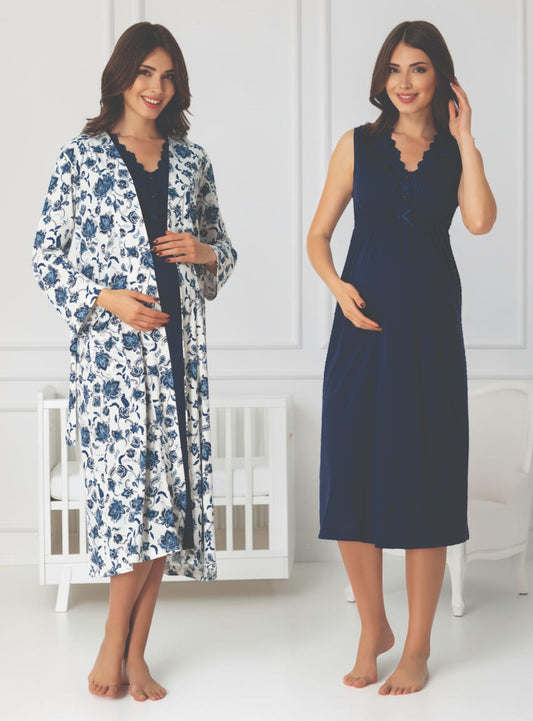 Navy maternity nightie and robe set by Mini Plum, floral robe solid nightie – nursing & breastfeeding nightwear, postpartum, hospital bag ready