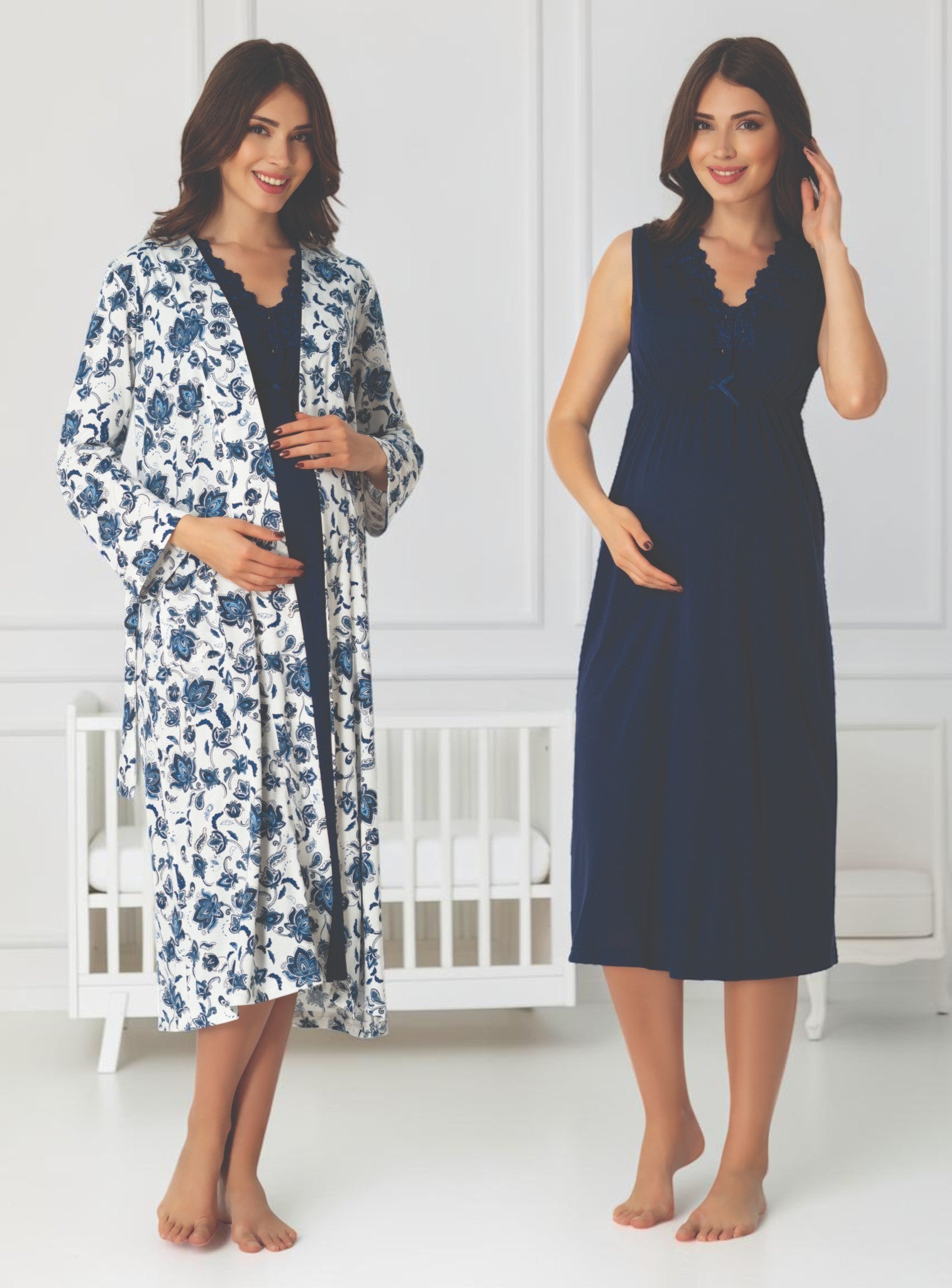 Navy maternity nightie and robe set by Mini Plum, floral robe solid nightie – nursing & breastfeeding nightwear, postpartum, hospital bag ready