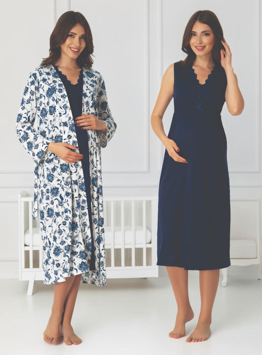 Navy maternity nightie and robe set by Mini Plum, floral robe solid nightie – nursing & breastfeeding nightwear, postpartum, hospital bag ready
