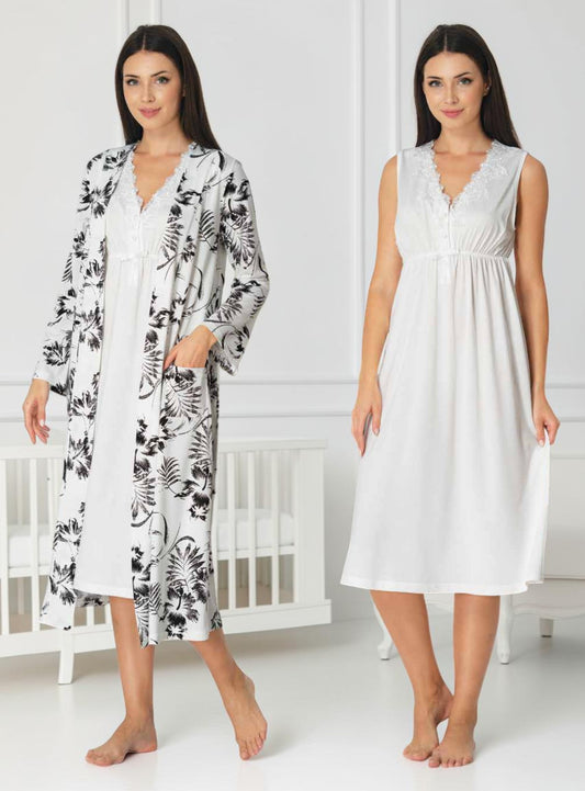 White maternity nightie and robe set by Mini Plum, floral robe solid nightie – nursing & breastfeeding nightwear, postpartum, hospital bag ready