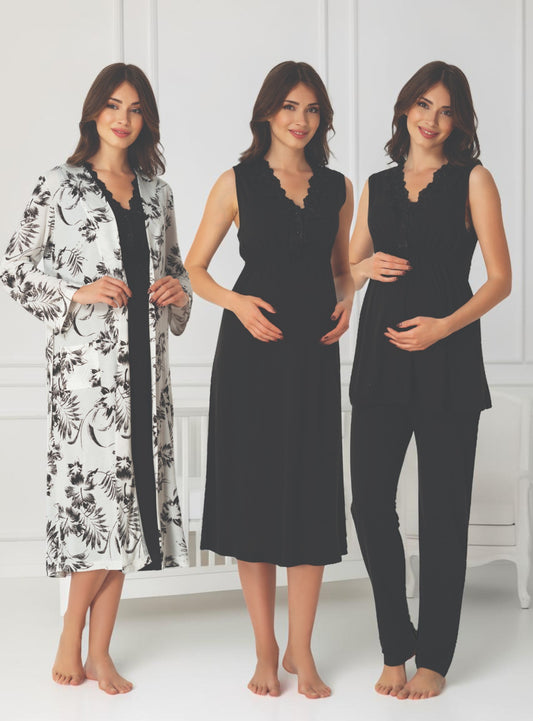 Black 4-piece maternity set by Mini Plum, floral robe 4-piece – nursing & breastfeeding nightwear, postpartum, hospital bag ready