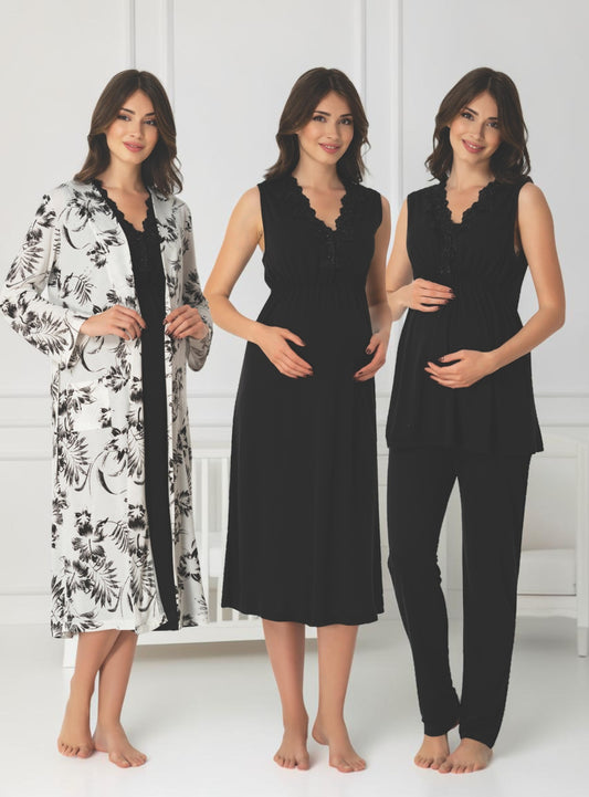 Black 4-piece maternity set by Mini Plum, floral robe 4-piece – nursing & breastfeeding nightwear, postpartum, hospital bag ready