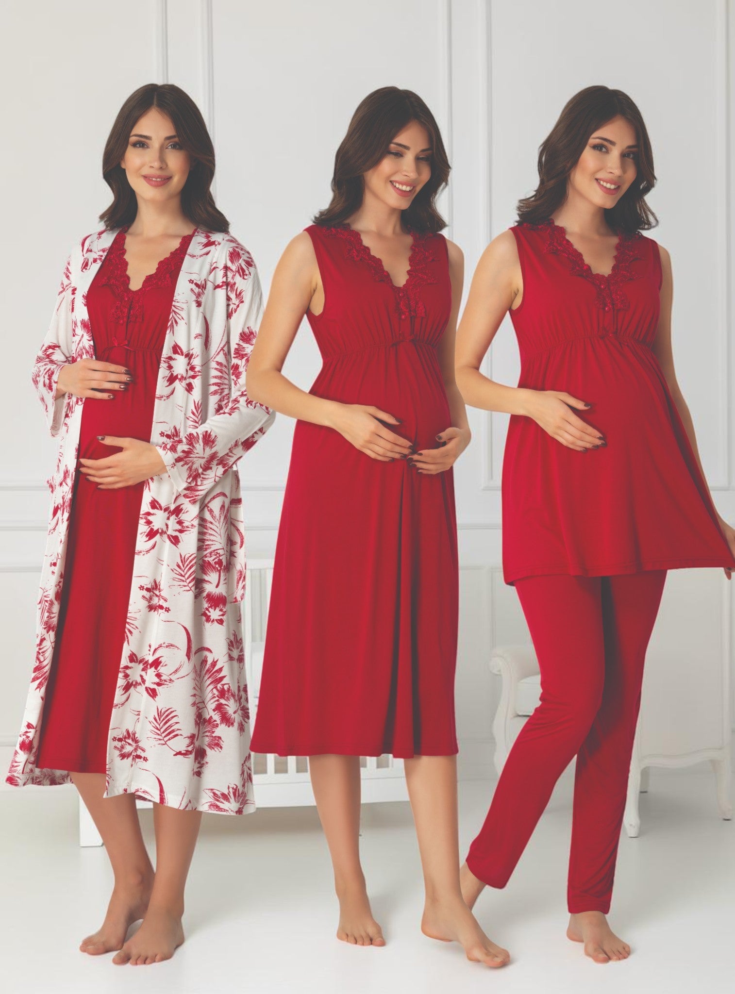 Cherry Red 4-piece maternity set by Mini Plum – nursing maternity nightwear, breastfeeding button-down, hospital bag & baby shower gift