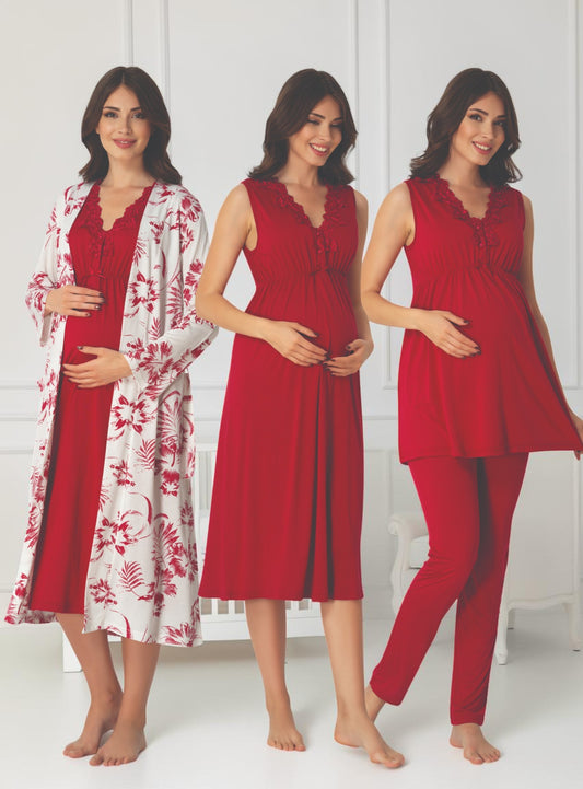 Cherry Red 4-piece maternity set by Mini Plum, floral robe 4-piece – nursing & breastfeeding nightwear, postpartum, hospital bag ready