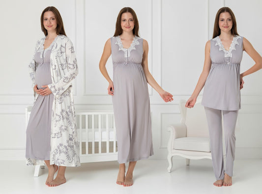 Grey 4-piece maternity set by Mini Plum, floral robe 4-piece – nursing & breastfeeding nightwear, postpartum, hospital bag ready
