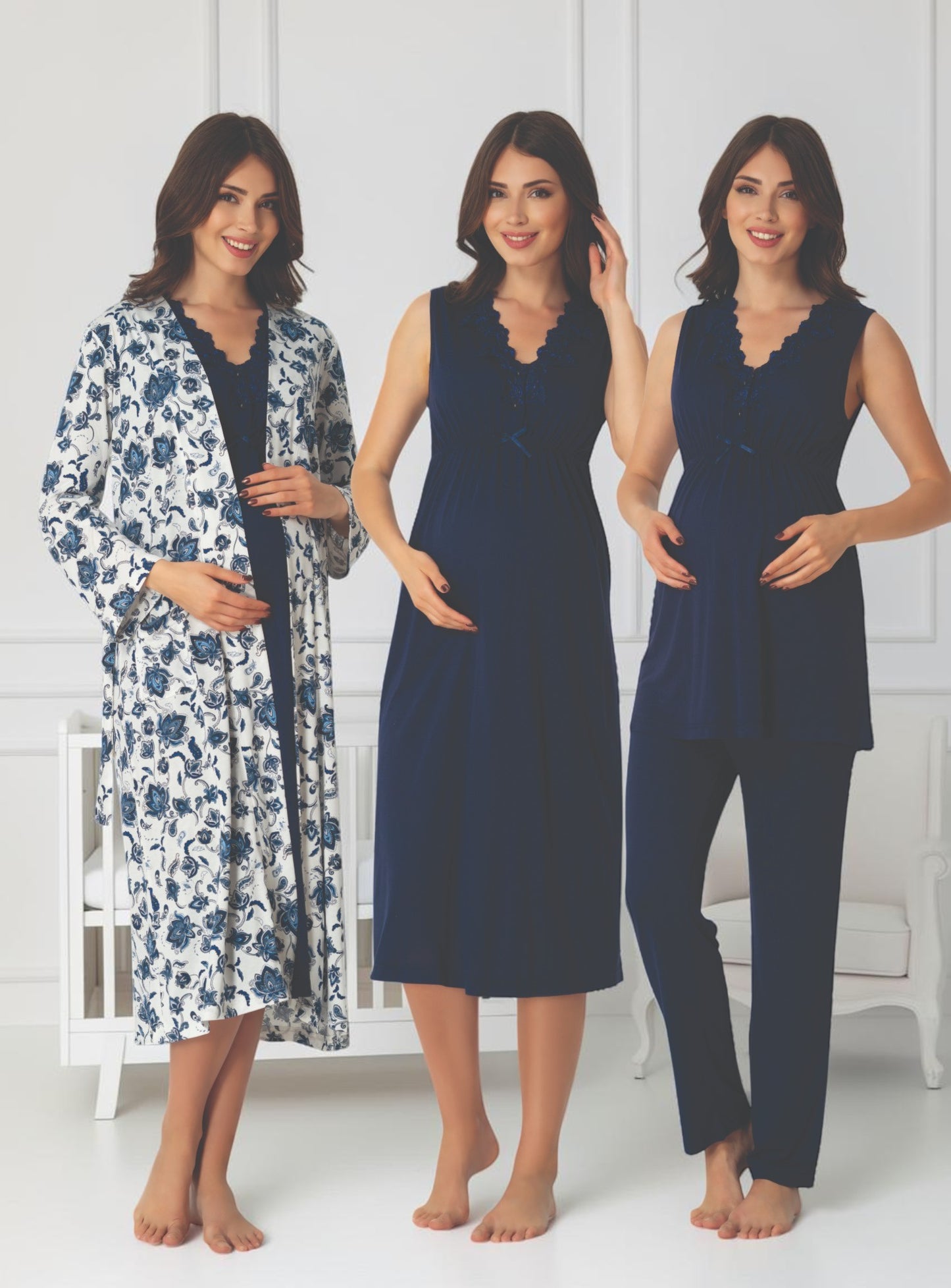 Navy 4-piece maternity set by Mini Plum – nursing maternity nightwear, breastfeeding button-down, hospital bag & baby shower gift