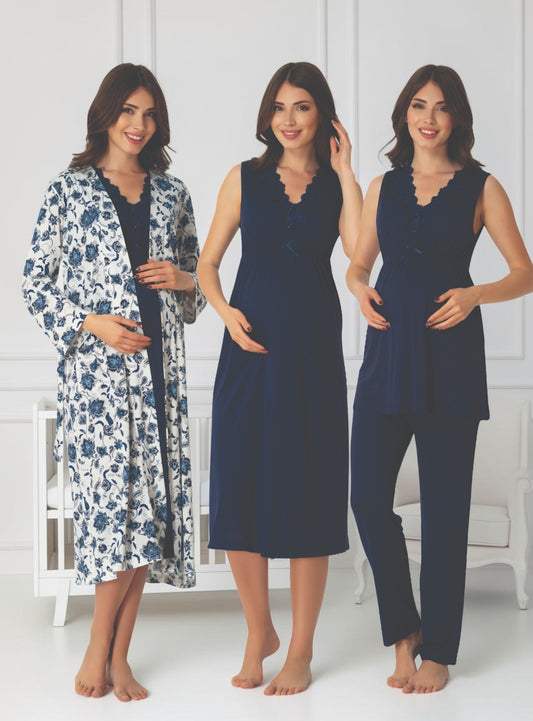 Navy 4-piece maternity set by Mini Plum, floral robe 4-piece – nursing & breastfeeding nightwear, postpartum, hospital bag ready
