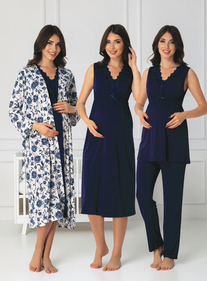 Navy 4-piece maternity set by Mini Plum, floral robe 4-piece – nursing & breastfeeding nightwear, postpartum, hospital bag ready